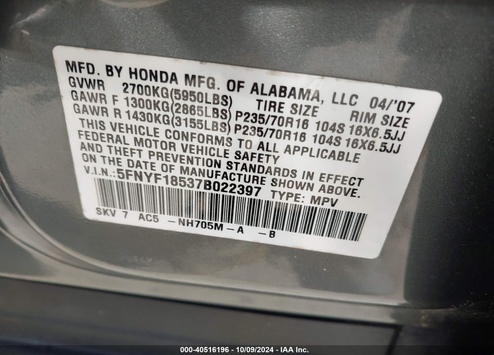 2007 HONDA PILOT EX-L VIN: 5FNYF18537B022397