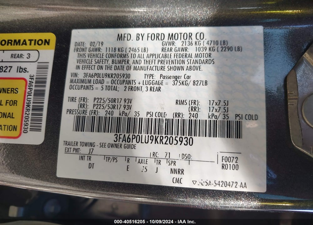 2019 FORD FUSION HYBRID SE VIN: 3FA6P0LU9KR205930