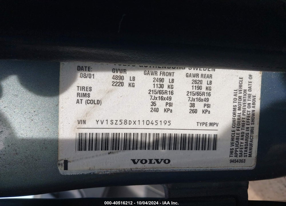 2001 VOLVO V70 XC VIN: YV1SZ58DX11045195