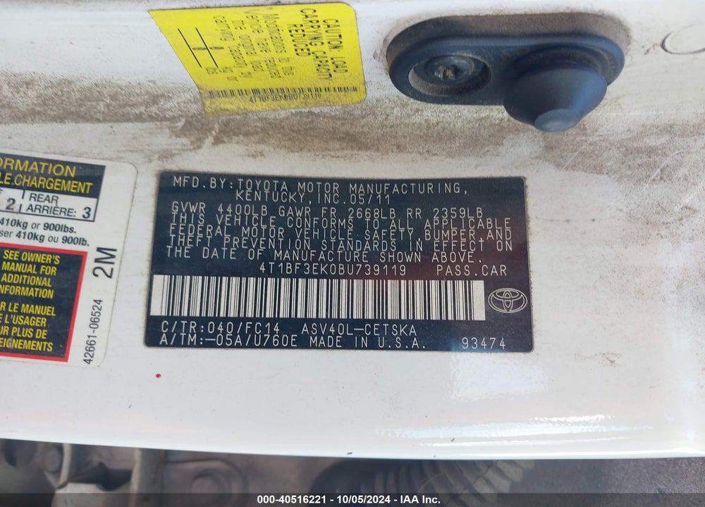 2011 TOYOTA CAMRY SE VIN: 4T1BF3EK0BU739119