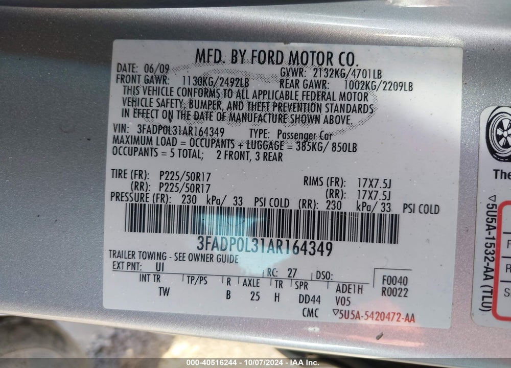 2010 FORD FUSION HYBRID VIN: 3FADP0L31AR164349