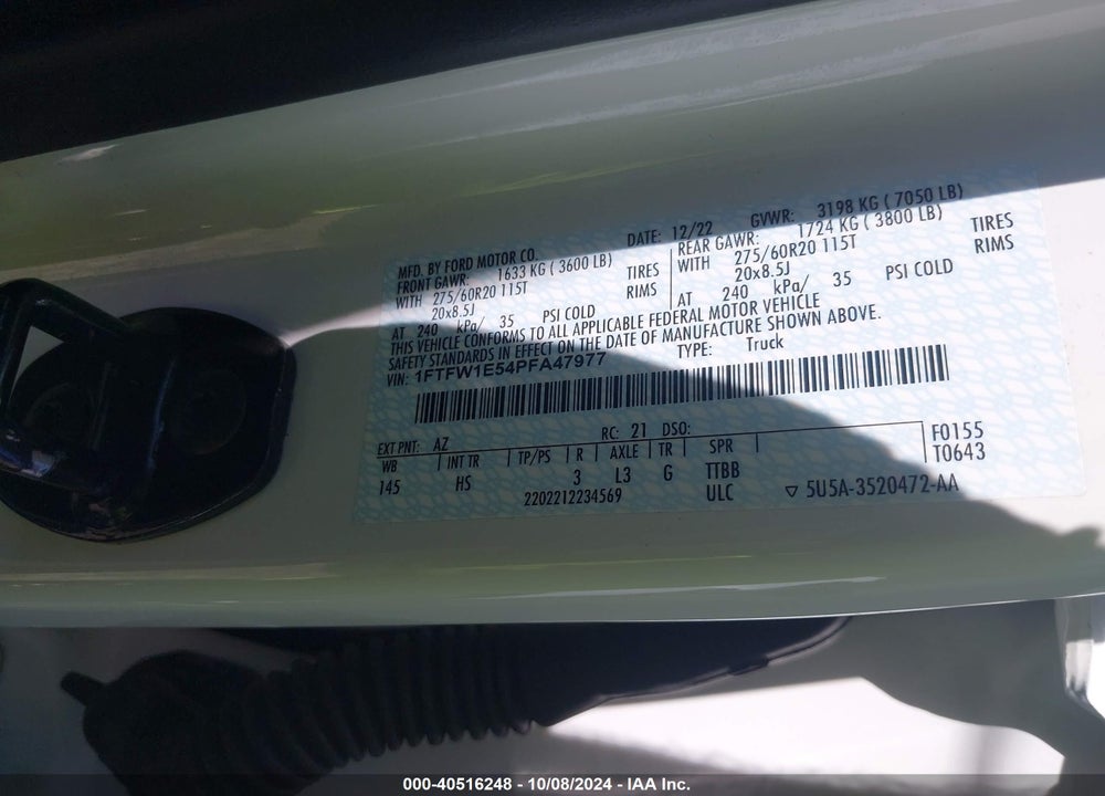 2023 FORD F-150 LARIAT VIN: 1FTFW1E54PFA47977