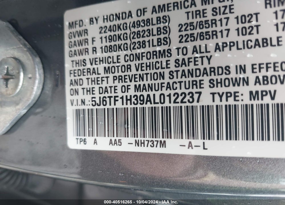 2010 HONDA ACCORD CROSSTOUR EX VIN: 5J6TF1H39AL012237
