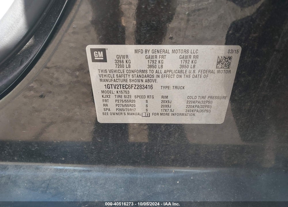 2015 GMC SIERRA 1500 VIN: 1GTV2TEC6FZ283416
