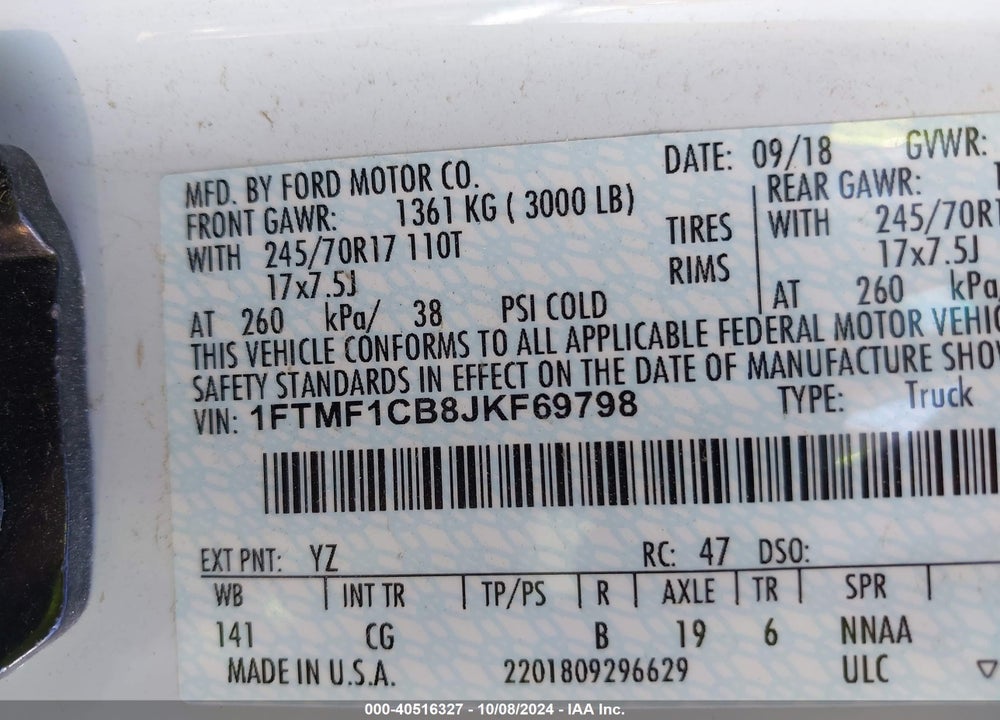 2018 FORD F-150 XL VIN: 1FTMF1CB8JKF69798