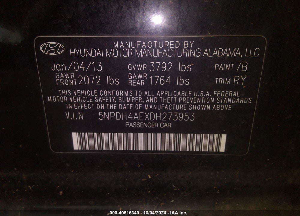 2013 HYUNDAI ELANTRA LIMITED VIN: 5NPDH4AEXDH273953