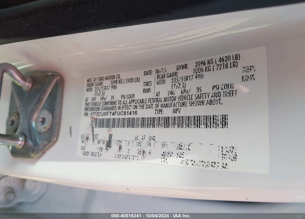 2015 FORD ESCAPE S VIN: 1FMCU0F74FUC81416