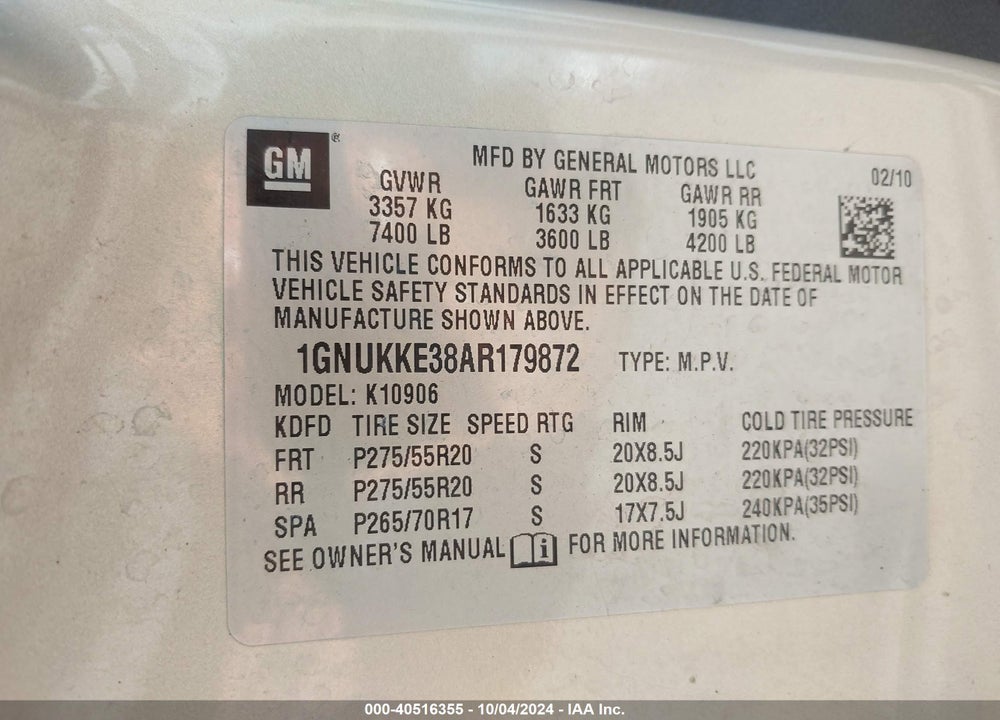 2010 CHEVROLET SUBURBAN 1500 LTZ VIN: 1GNUKKE38AR179872