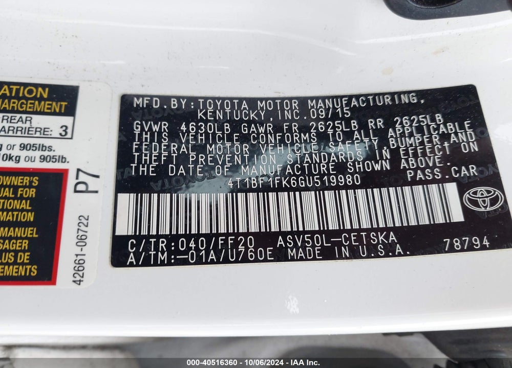2016 TOYOTA CAMRY SE VIN: 4T1BF1FK6GU519980