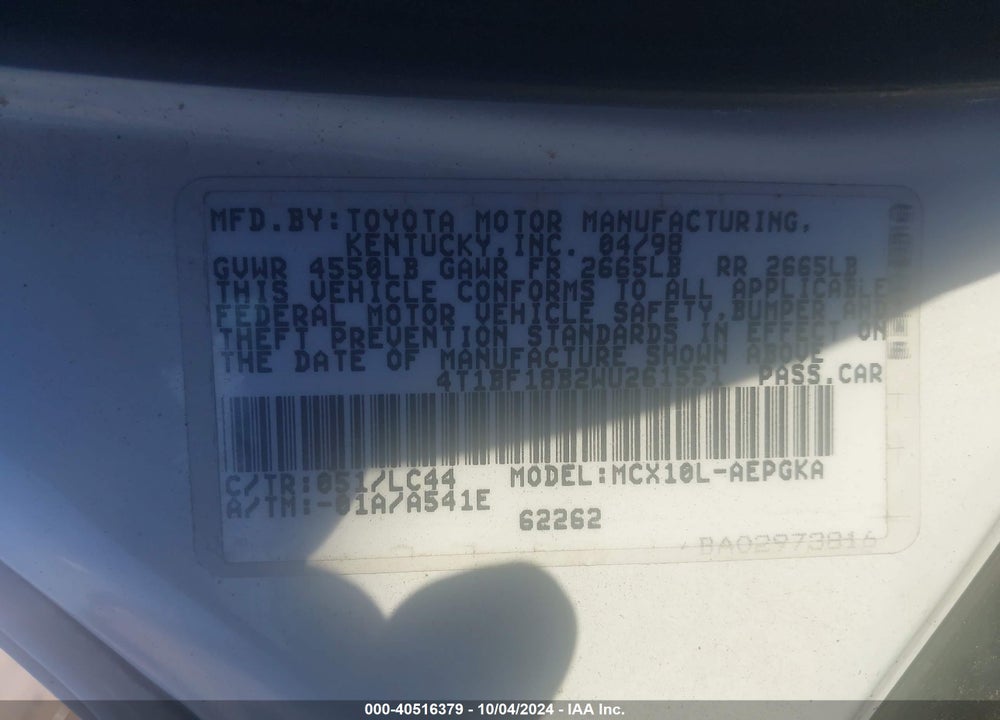 1998 TOYOTA AVALON XLS VIN: 4T1BF18B2WU261551