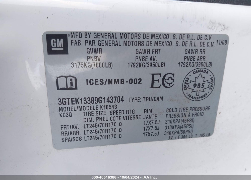 2009 SIERRA GMC  1500 WORK TRUCK VIN: 3GTEK13389G143704
