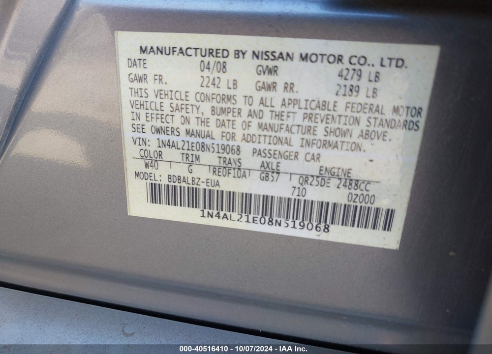 2008 NISSAN ALTIMA 2.5 S VIN: 1N4AL21E08N519068