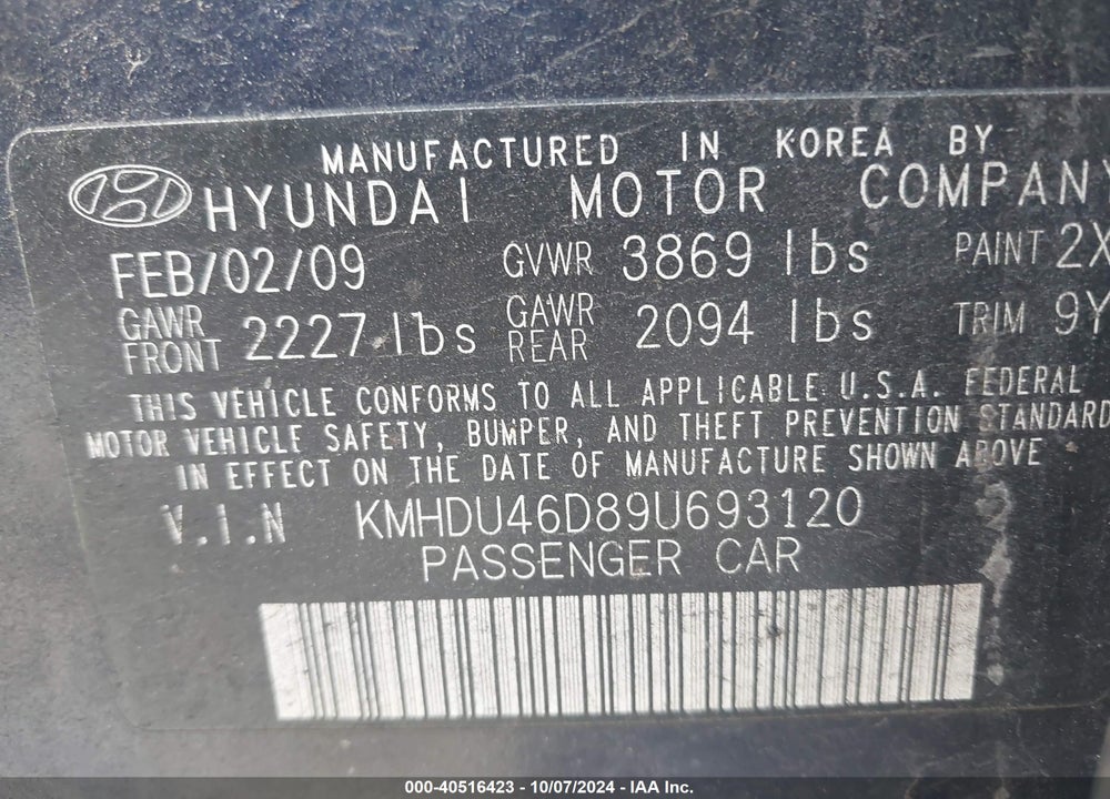 2009 HYUNDAI ELANTRA SE VIN: KMHDU46D89U693120