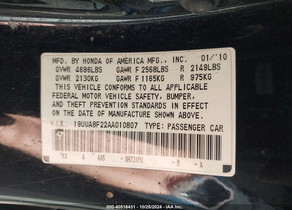 2010 ACURA TL 3.5 VIN: 19UUA8F22AA010807