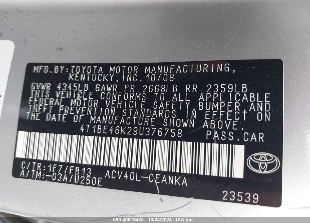 2009 TOYOTA CAMRY LE VIN: 4T1BE46K29U376758