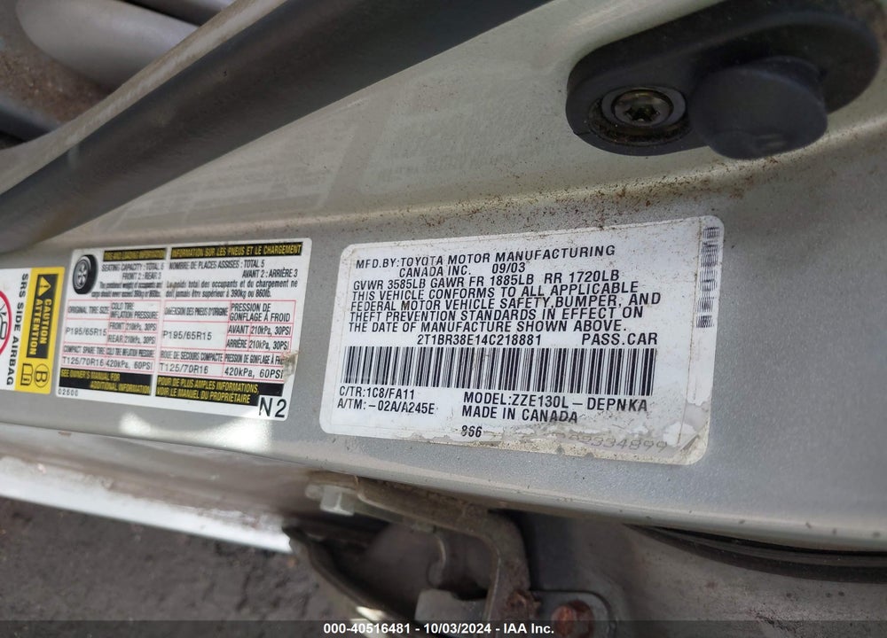 2004 TOYOTA COROLLA LE VIN: 2T1BR38E14C218881