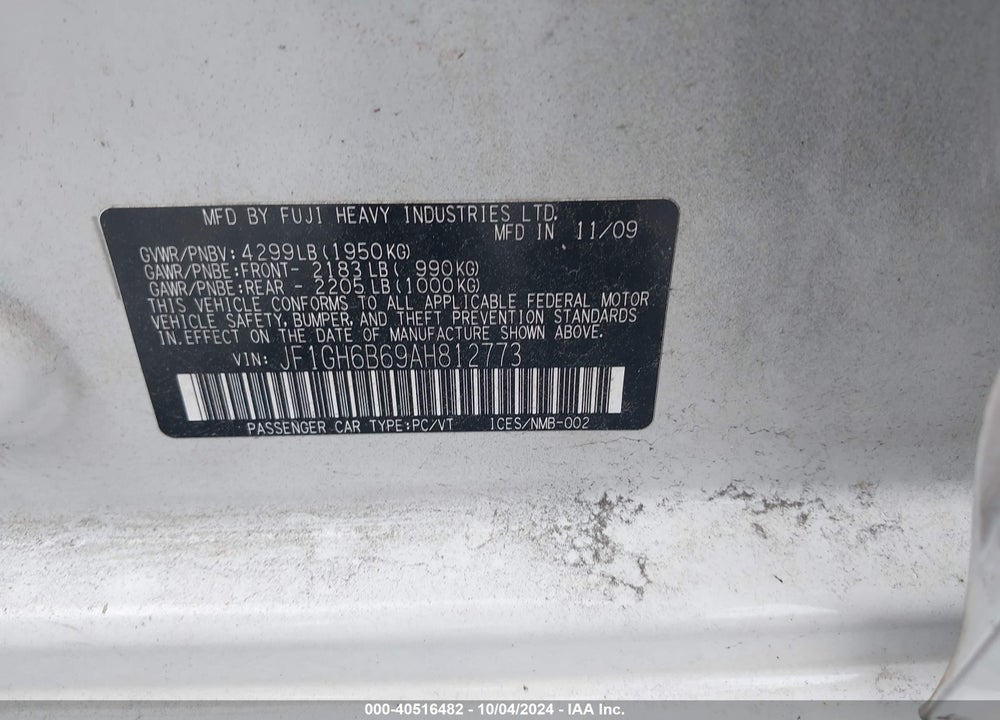 2010 SUBARU IMPREZA 2.5I PREMIUM VIN: JF1GH6B69AH812773