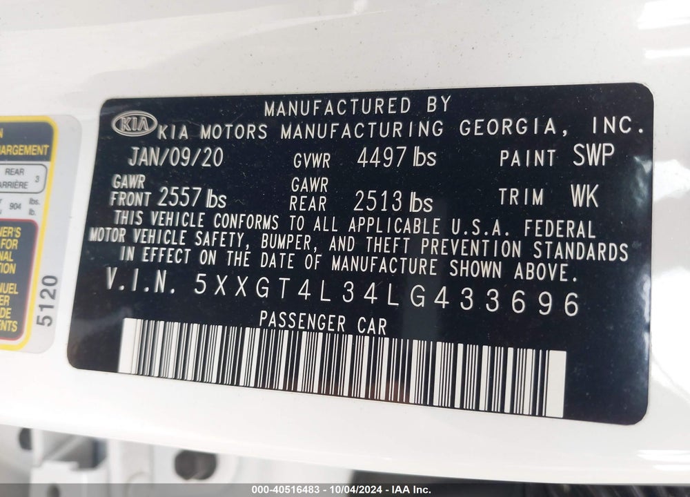 2020 KIA OPTIMA LX VIN: 5XXGT4L34LG433696
