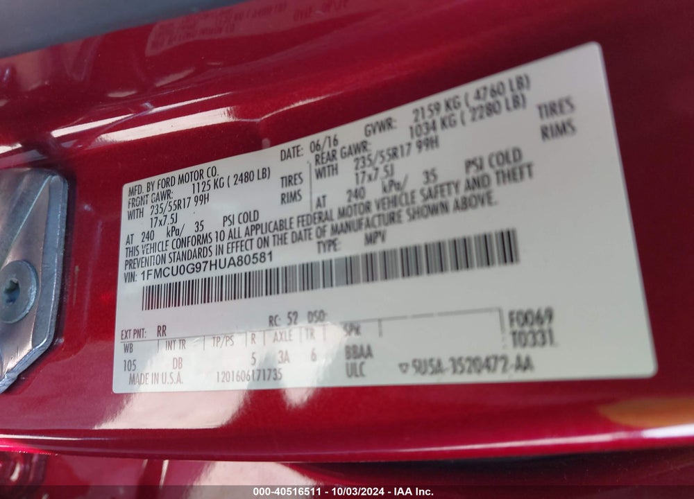 2017 FORD ESCAPE SE VIN: 1FMCU0G97HUA80581