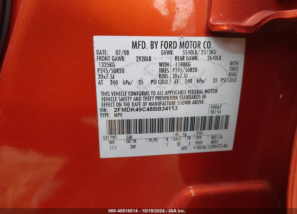 2008 FORD EDGE LIMITED VIN: 2FMDK49C48BB34113