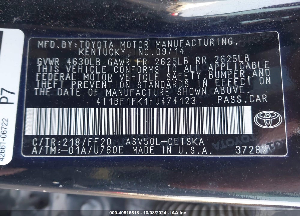 2015 TOYOTA CAMRY SE VIN: 4T1BF1FK1FU474123