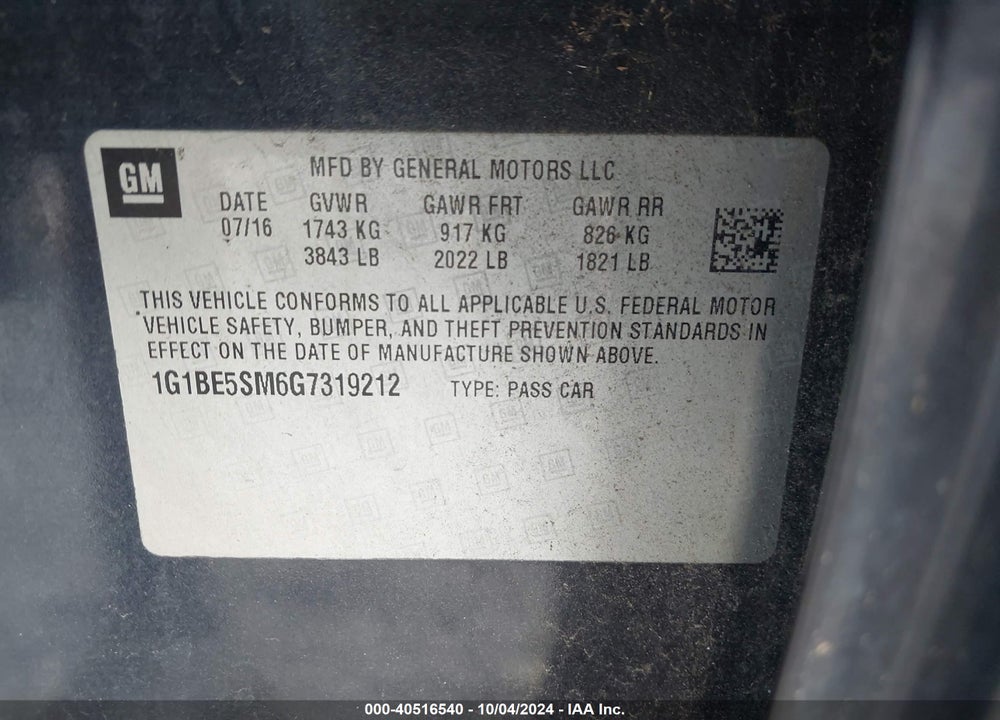 2016 CHEVROLET CRUZE LT AUTO VIN: 1G1BE5SM6G7319212