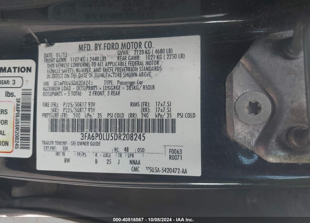 2013 FORD FUSION VIN: 3FA6P0LU5DR208245