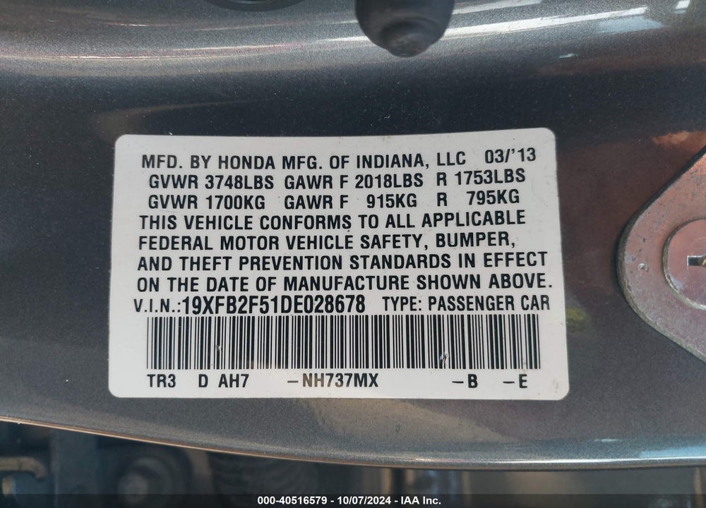 2013 HONDA CIVIC LX VIN: 19XFB2F51DE028678