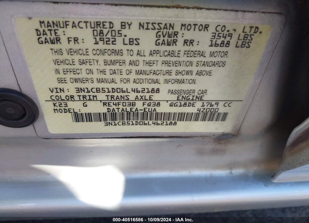 2006 NISSAN SENTRA 1.8S VIN: 3N1CB51D06L462188