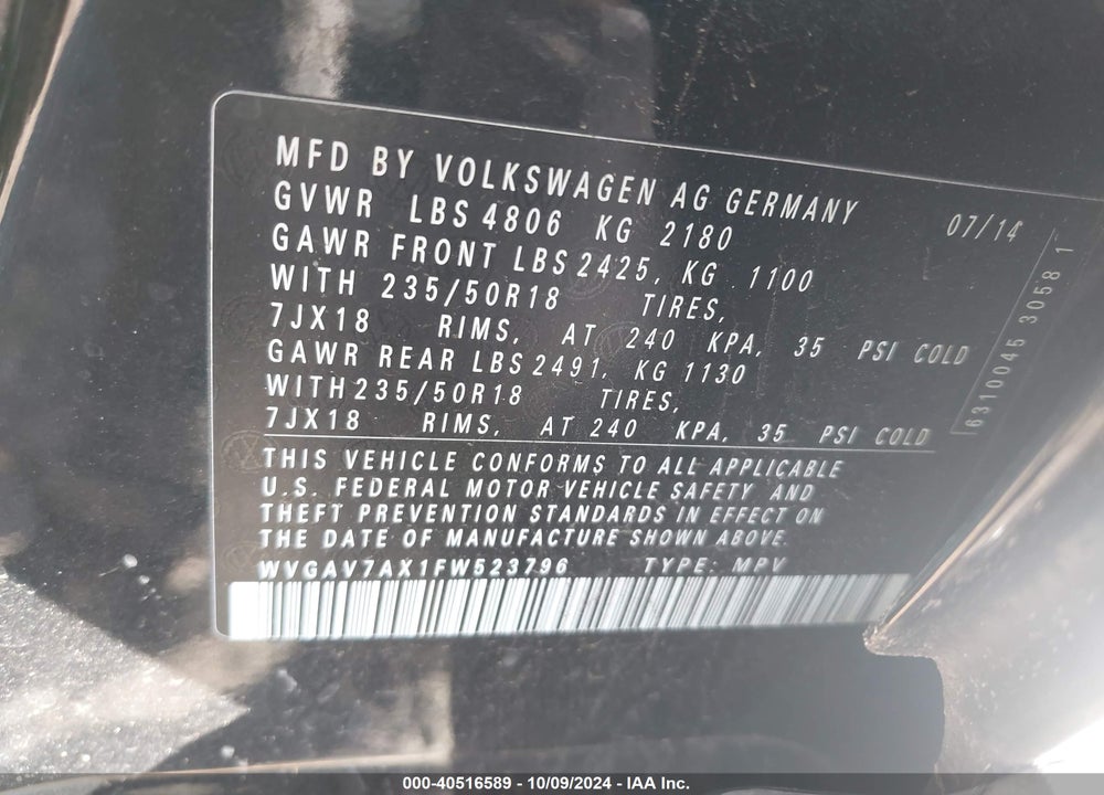 2015 VOLKSWAGEN TIGUAN SE VIN: WVGAV7AX1FW523796