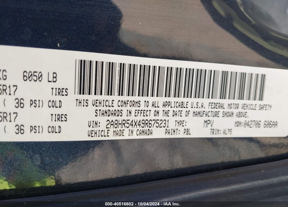 2009 CHRYSLER TOWN & COUNTRY TOURING VIN: 2A8HR54X49R675231