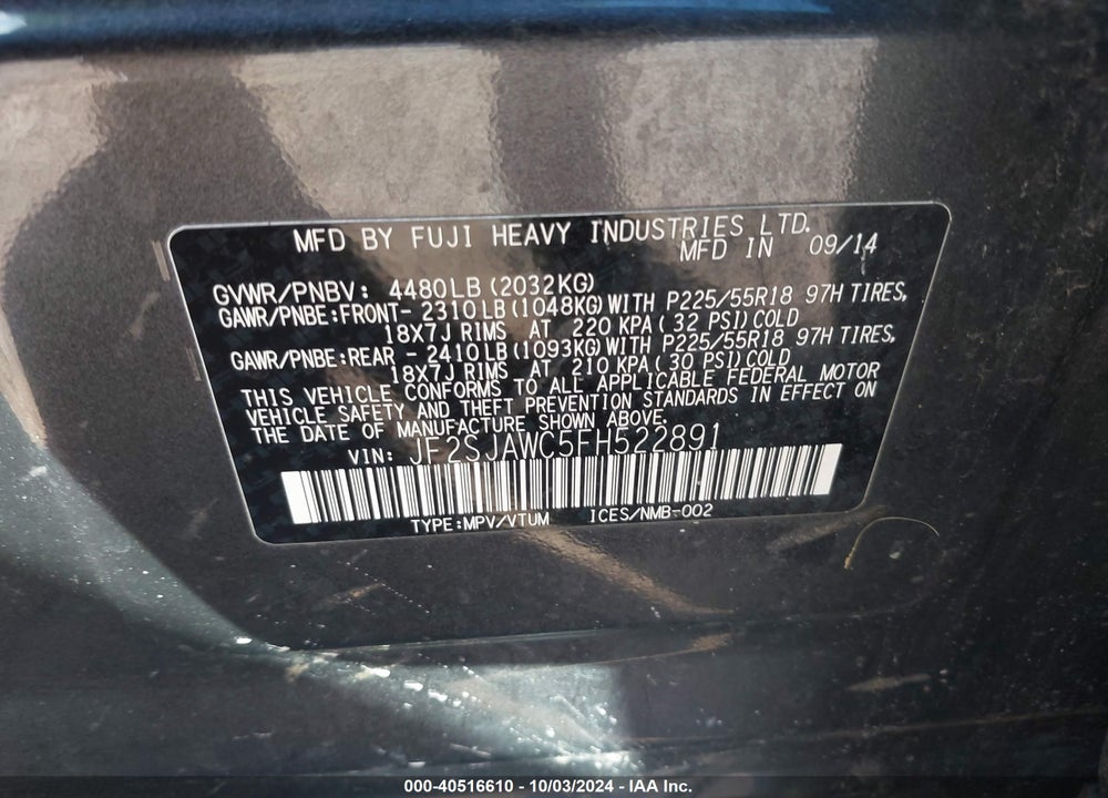 2015 SUBARU FORESTER 2.5I TOURING VIN: JF2SJAWC5FH522891