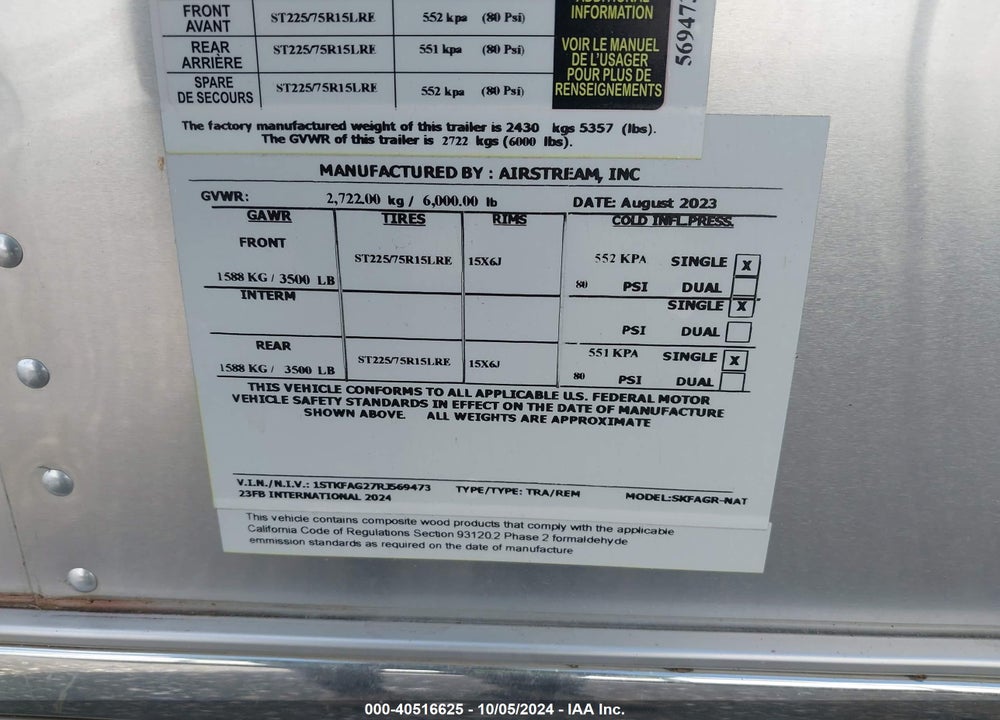 2024 AIRSTREAM INTERNATIONAL VIN: 1STKFAG27RJ569473