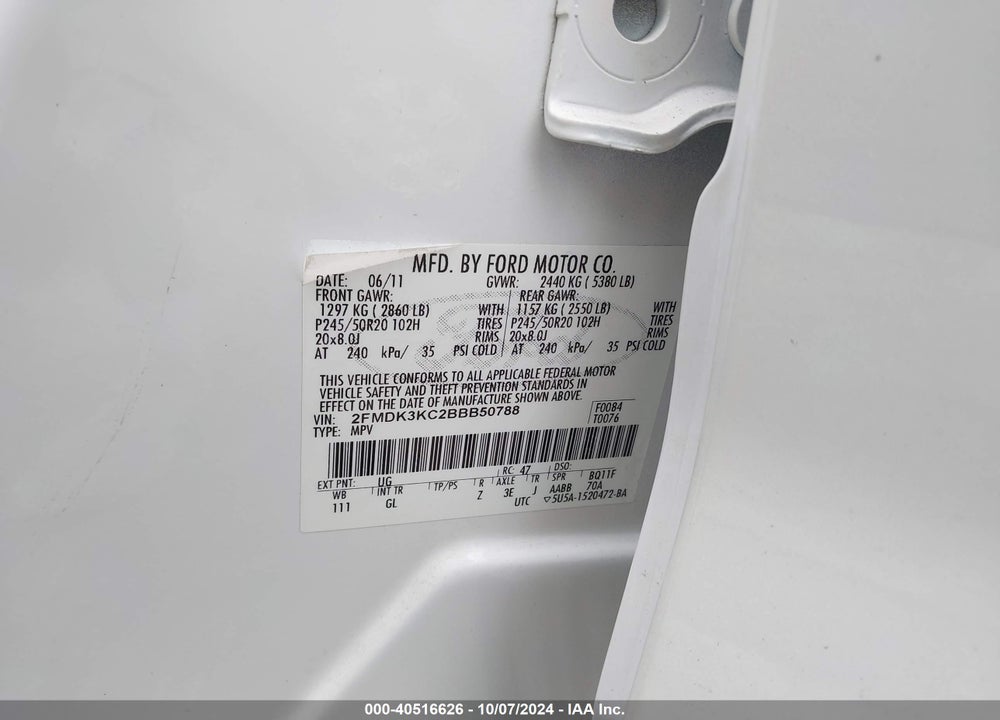 2011 FORD EDGE LIMITED VIN: 2FMDK3KC2BBB50788