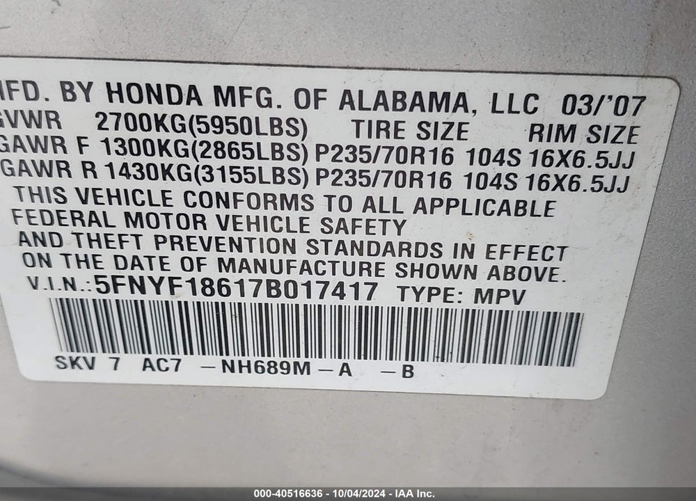 2007 HONDA PILOT EX-L VIN: 5FNYF18617B017417