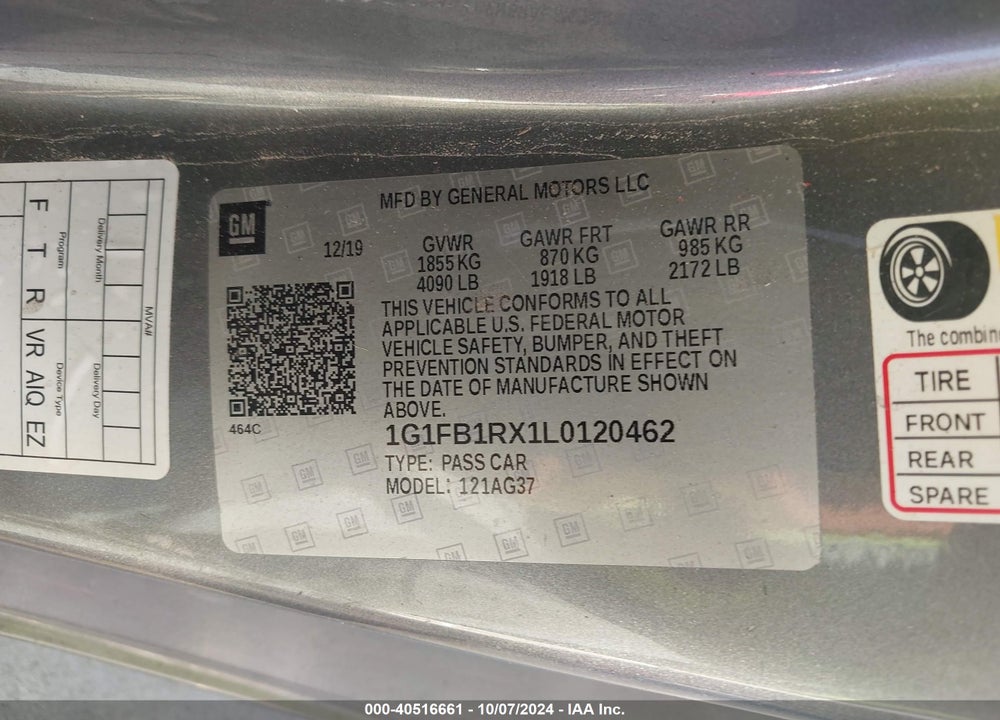 2020 CHEVROLET CAMARO RWD 1LT VIN: 1G1FB1RX1L0120462
