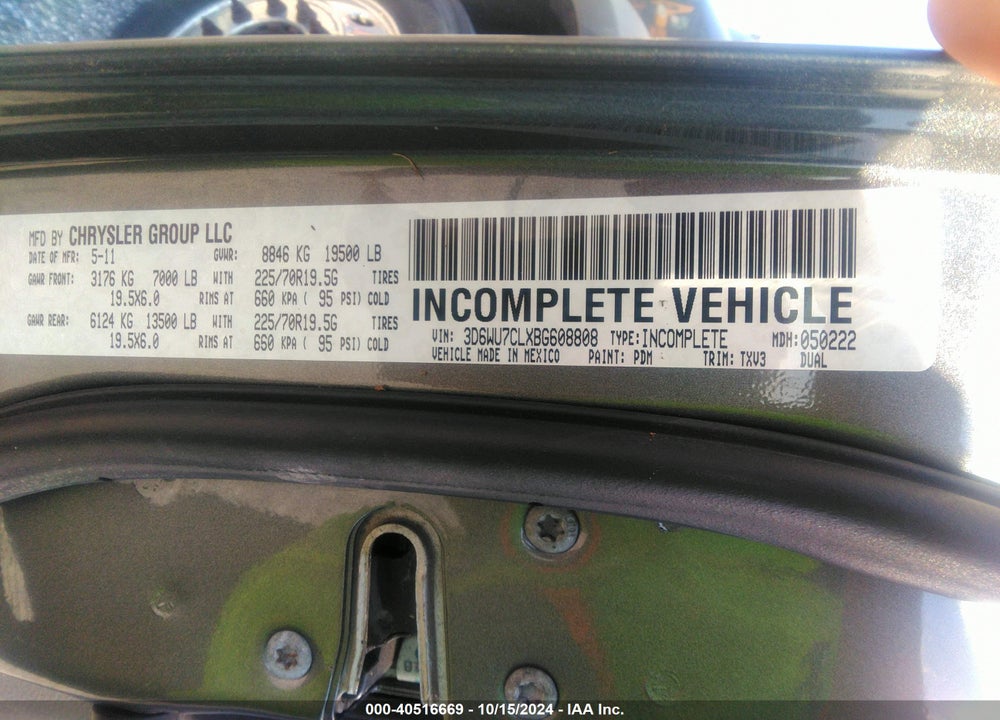 2011 RAM 5500 HD CHASSIS ST/SLT/LAIE VIN: 3D6WU7CLXBG608808
