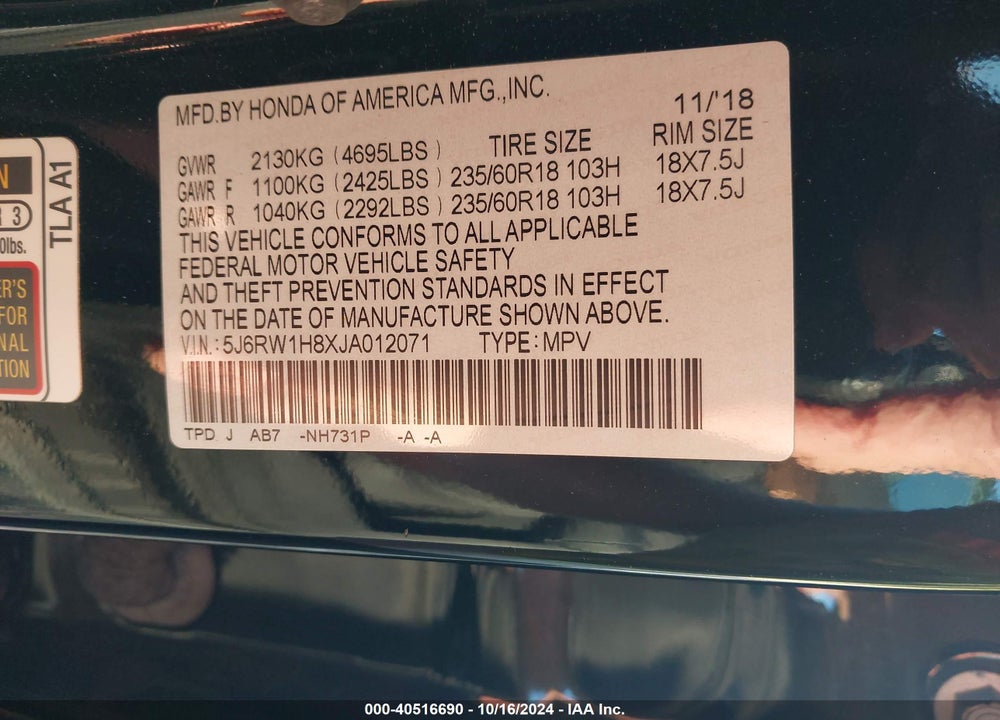 2018 HONDA CR-V VIN: 5J6RW1H8XJA012071