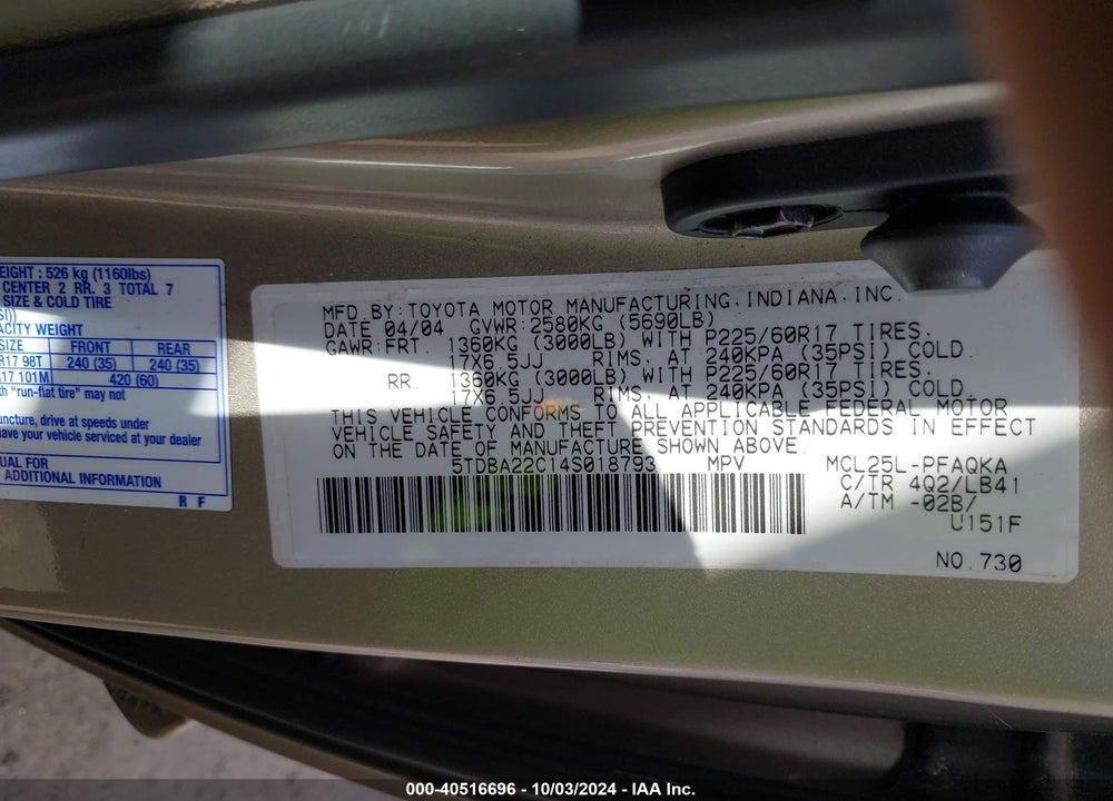 2004 TOYOTA SIENNA XLE VIN: 5TDBA22C14S018793