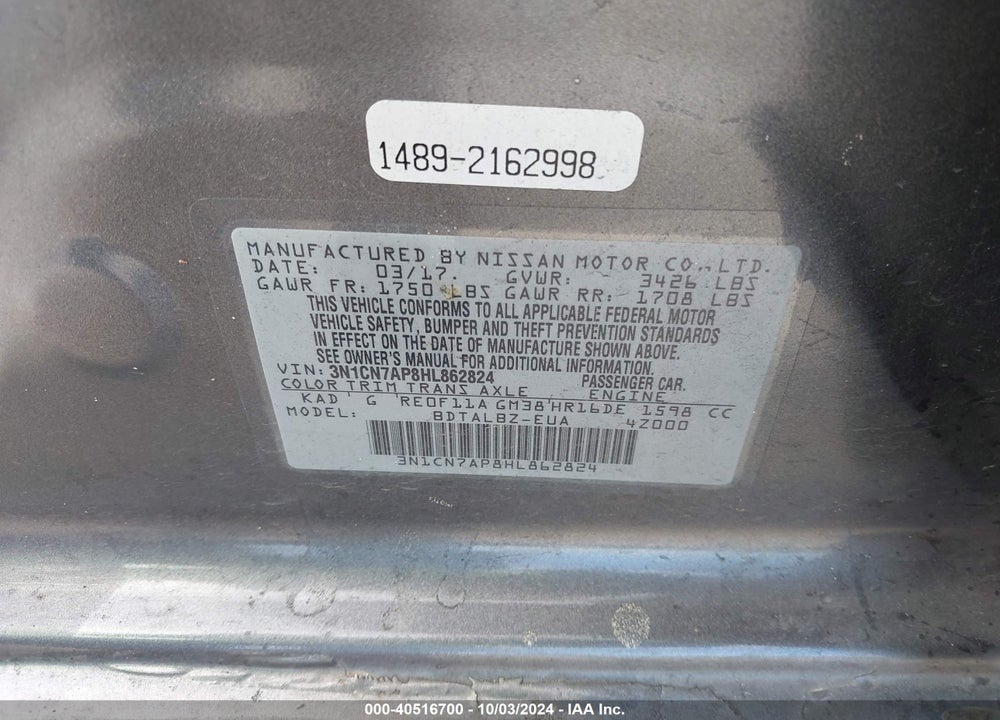 2017 NISSAN VERSA 1.6 SV VIN: 3N1CN7AP8HL862824