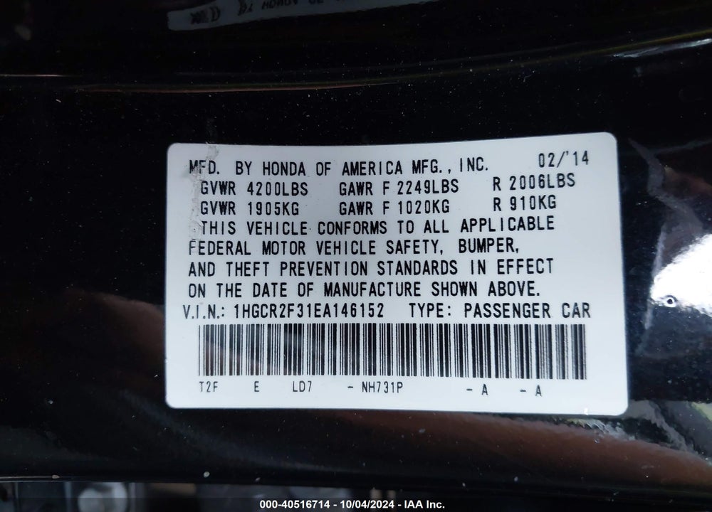 2014 HONDA ACCORD LX VIN: 1HGCR2F31EA146152