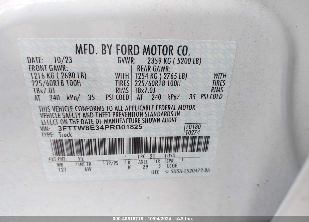 2023 FORD MAVERICK LARIAT VIN: 3FTTW8E34PRB01825