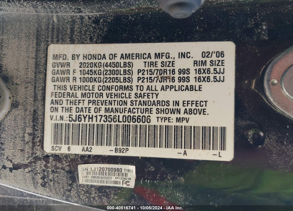 2006 HONDA ELEMENT LX VIN: 5J6YH17356L006606