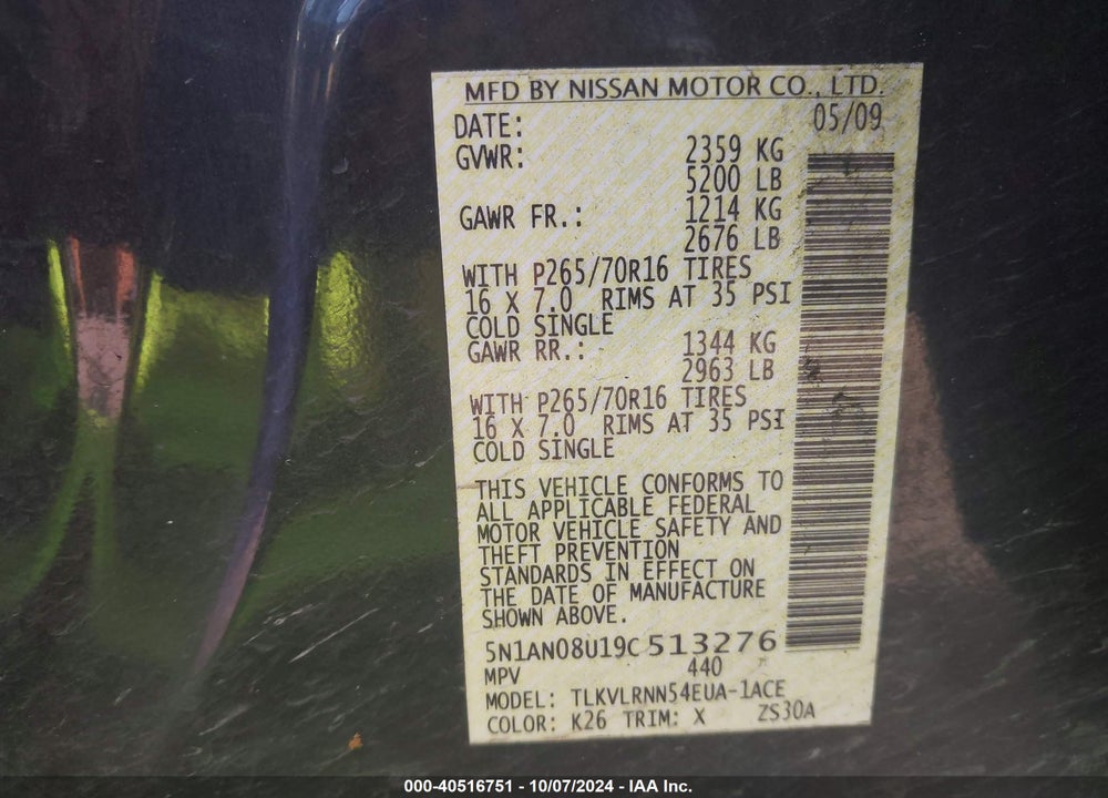 2009 NISSAN XTERRA S VIN: 5N1AN08U19C513276