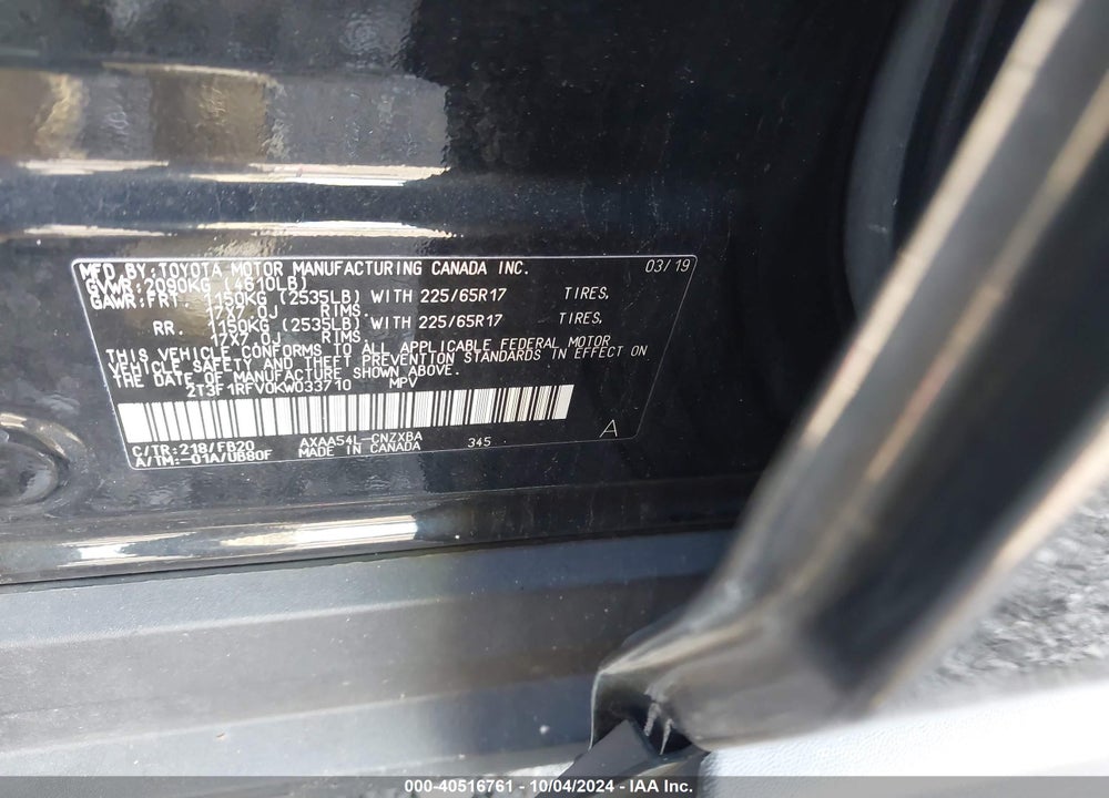 2019 TOYOTA RAV4 LE VIN: 2T3F1RFV0KW033710