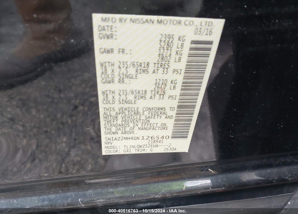 2016 NISSAN MURANO SV VIN: 5N1AZ2MH4GN126540