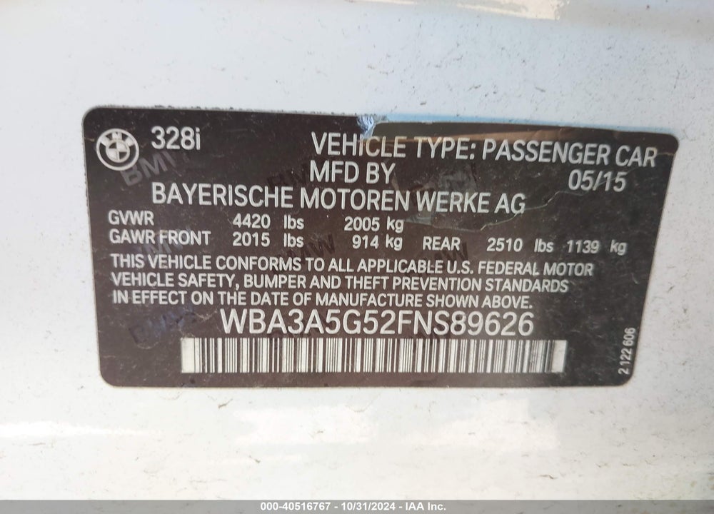 2015 BMW 328I VIN: WBA3A5G52FNS89626