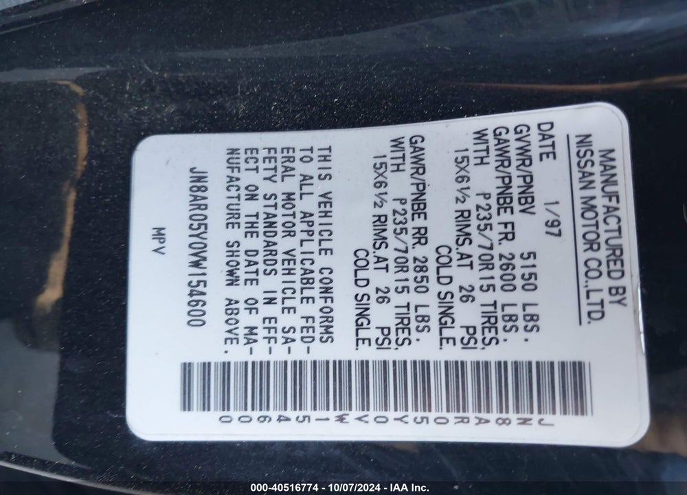 1997 NISSAN PATHFINDER LE/SE/XE VIN: JN8AR05Y0VW154600