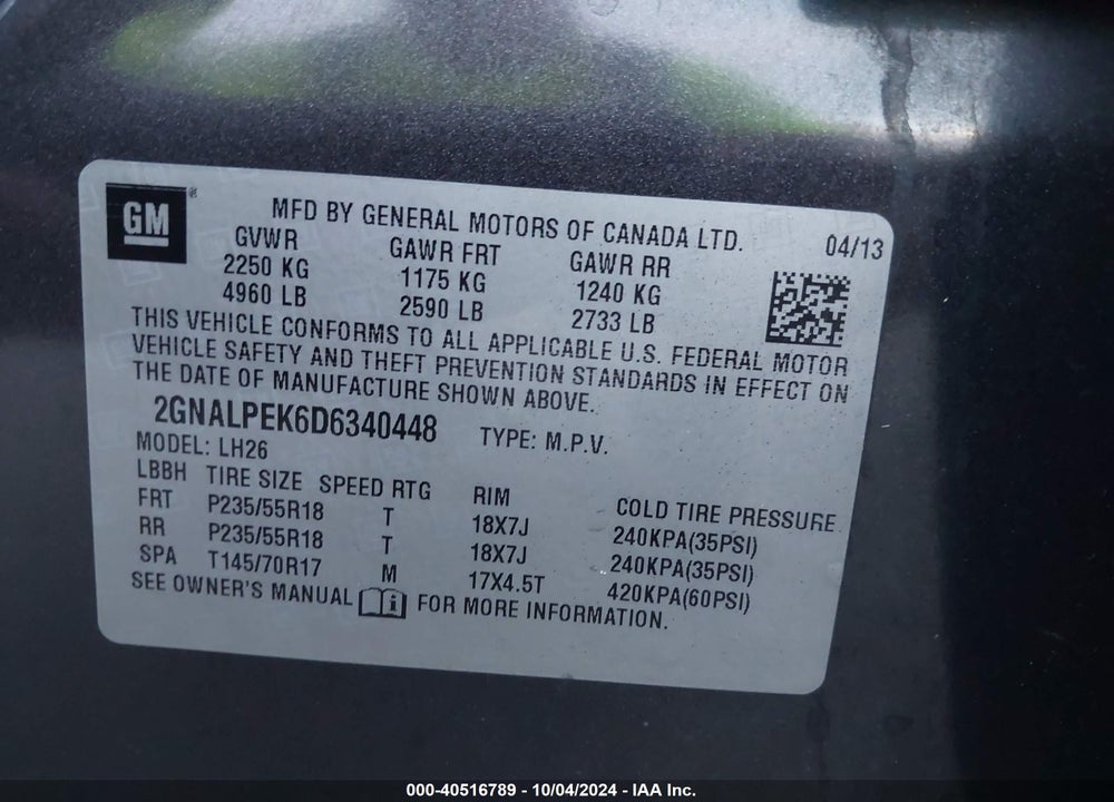 2013 CHEVROLET EQUINOX 2LT VIN: 2GNALPEK6D6340448