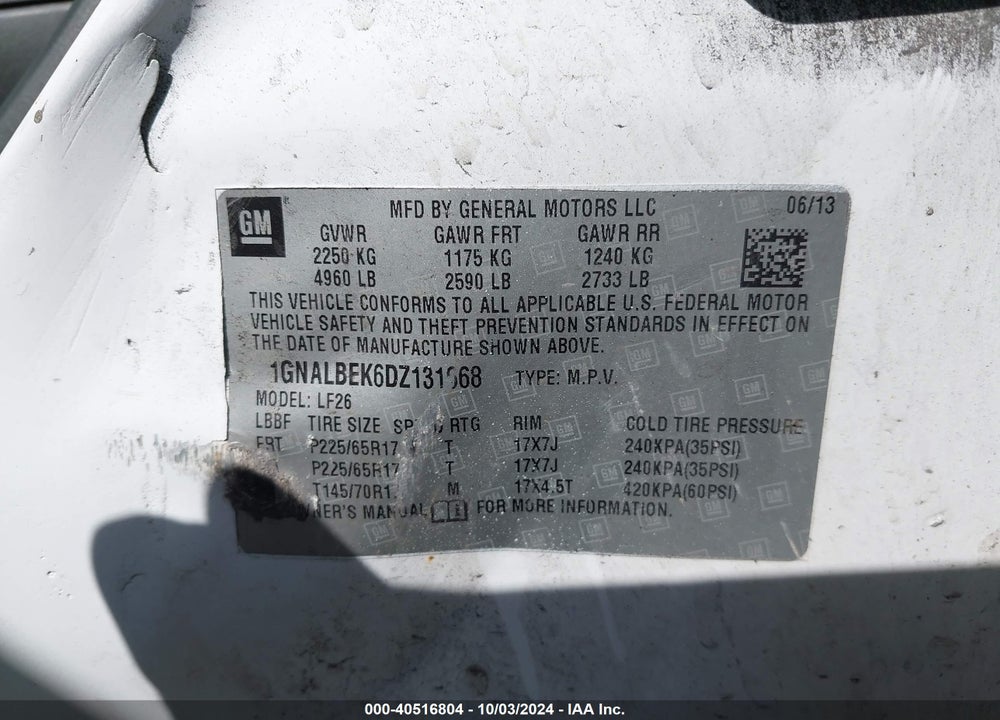 2013 CHEVROLET EQUINOX LS VIN: 1GNALBEK6DZ131668